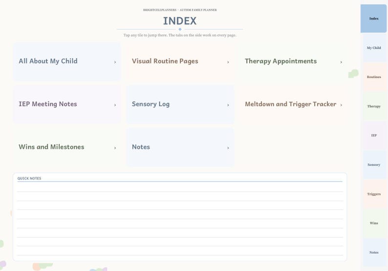 May include: A digital planner index page titled Autism Family Planner with navigation tiles for All About My Child, Visual Routine Pages, Therapy Appointments, IEP Meeting Notes, Sensory Log, Meltdown and Trigger Tracker, Wins and Milestones, and Notes.