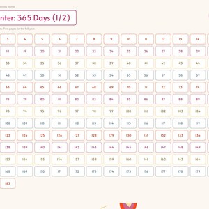 May include: A digital sobriety and recovery journal page titled Day Counter: 365 Days (1/2) featuring a grid of numbered boxes from 1 to 183. The layout includes a sidebar with tabs labeled Index, Plan, Counter, Check-In, Cravings, Steps, Gratitude, Milestones, and Notes.
