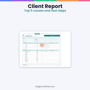 May include: A digital document titled Client Report: Top 5 causes and next steps, featuring an Assessment Report interface with tables, data rows, and highlighted cells, branded at the bottom with the text BrightCellPlanners.