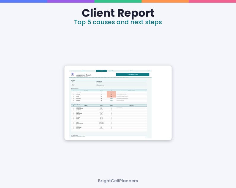 May include: A digital document titled Client Report: Top 5 causes and next steps, featuring an Assessment Report interface with tables, data rows, and highlighted cells, branded at the bottom with the text BrightCellPlanners.