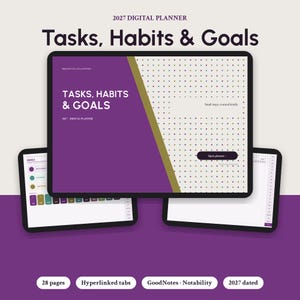Puede incluir: Una agenda digital 2027 mostrada en tres pantallas de tableta. La pantalla principal presenta una portada morada y crema con el texto "Tasks, Habits & Goals" y "Small steps, counted kindly". Otras pantallas muestran un &iacute;ndice y calendario.