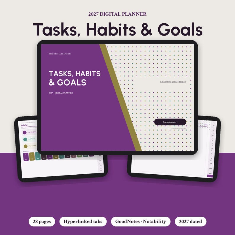 Puede incluir: Una agenda digital 2027 mostrada en tres pantallas de tableta. La pantalla principal presenta una portada morada y crema con el texto "Tasks, Habits & Goals" y "Small steps, counted kindly". Otras pantallas muestran un &iacute;ndice y calendario.