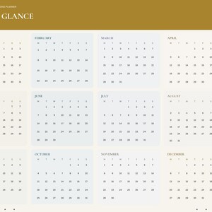 May include: A digital 2027 wedding planner page titled 2027 AT A GLANCE with a twelve-month calendar layout. The interface features a gold header, a sidebar with navigation tabs like Index, Budget, and Guest List, and a cream background.