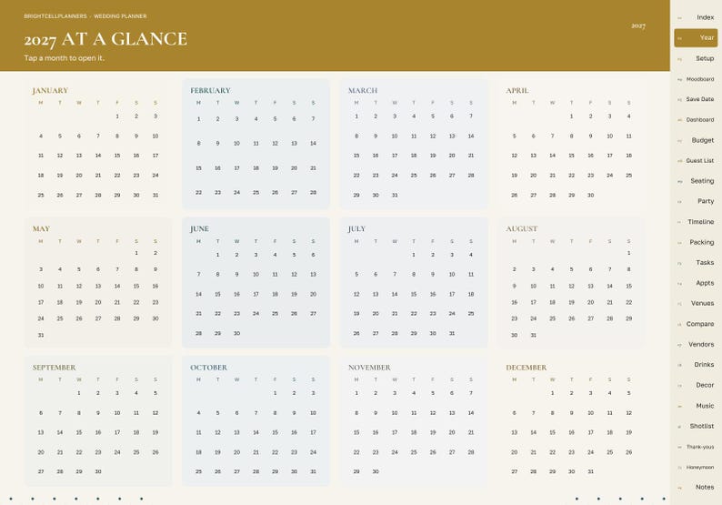 May include: A digital 2027 wedding planner page titled 2027 AT A GLANCE with a twelve-month calendar layout. The interface features a gold header, a sidebar with navigation tabs like Index, Budget, and Guest List, and a cream background.