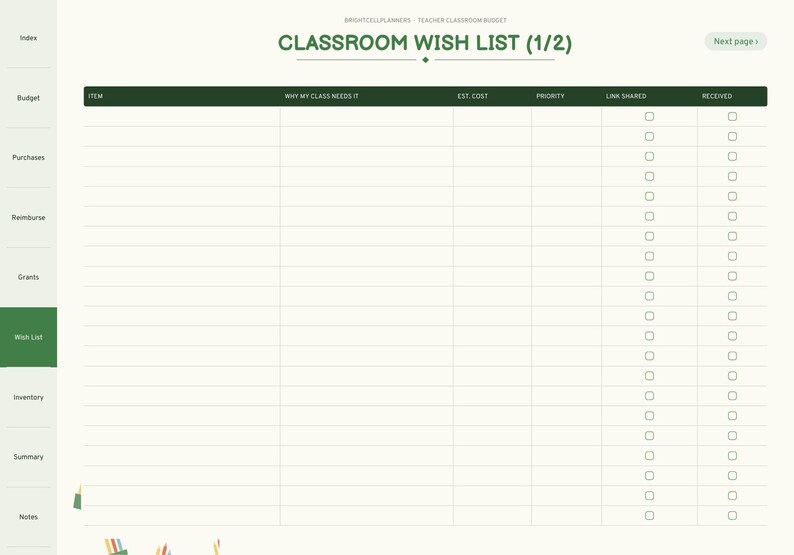 May include: A digital classroom wish list planner page with a dark green header reading CLASSROOM WISH LIST (1/2). The table includes columns for item, why my class needs it, est. cost, priority, link shared, and received with checkboxes.