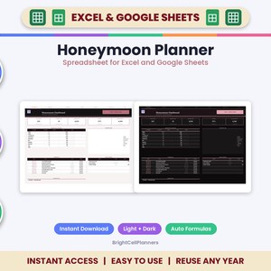 Hochzeitsreise-Planungs-Tabelle für Excel & Google Sheets – Reiseroute, Budget, Buchungen und Packliste