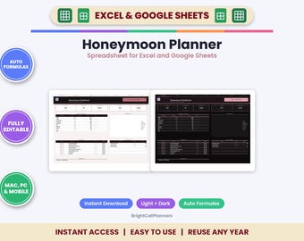 Honeymoon Planner Spreadsheet for Excel & Google Sheets - Itinerary, Budget, Bookings and Packing List