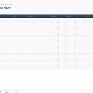 May include: A digital Refill Tracker planner page with a dark header containing columns for Medication, Supply, Refill Date, Ordered, Picked Up, and Cost. The layout includes checkboxes for tracking and a lined notes section at the bottom.