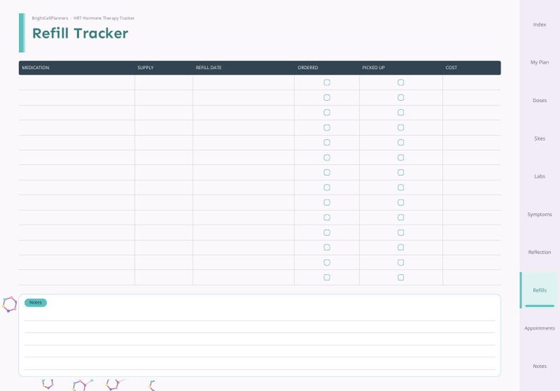 May include: A digital Refill Tracker planner page with a dark header containing columns for Medication, Supply, Refill Date, Ordered, Picked Up, and Cost. The layout includes checkboxes for tracking and a lined notes section at the bottom.