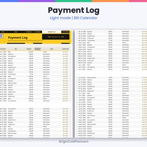 K&ouml;nnte beinhalten: Eine digitale Payment Log Tabellenvorlage mit einer hellen Benutzeroberfl&auml;che und einem gelben Header. Das Layout enth&auml;lt Spalten f&uuml;r Zahlungsdatum, Rechnung, Betrag, Zahlungsmethode und Monat, mit dem Text Payment Log und BrightCellPlanners.