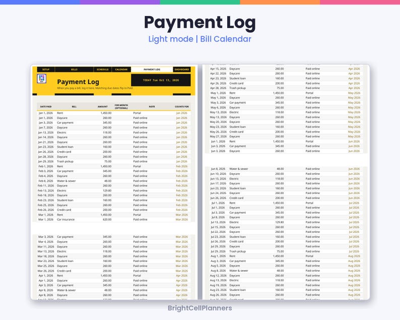 K&ouml;nnte beinhalten: Eine digitale Payment Log Tabellenvorlage mit einer hellen Benutzeroberfl&auml;che und einem gelben Header. Das Layout enth&auml;lt Spalten f&uuml;r Zahlungsdatum, Rechnung, Betrag, Zahlungsmethode und Monat, mit dem Text Payment Log und BrightCellPlanners.