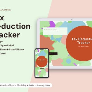 May include: A digital tax deduction tracker planner displayed on a tablet and smartphone screen. The interface features a large rust-colored circle on a background of abstract pastel shapes. Text includes BRIGHTCELLPLANNERS, Tax Deduction Tracker, 27 Pages, Fully Hyperlinked, iPad, Phone & Print Editions, 2027 Dated, and Works with GoodNotes, Notability, Xodo, Samsung Notes.