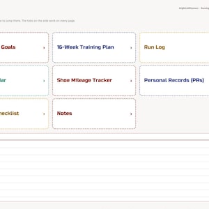 May include: A digital running training log index page featuring clickable tiles for My Running Goals, 16-Week Training Plan, Run Log, Race Calendar, Shoe Mileage Tracker, Personal Records, Race-Day Checklist, and Notes, with a side navigation bar.