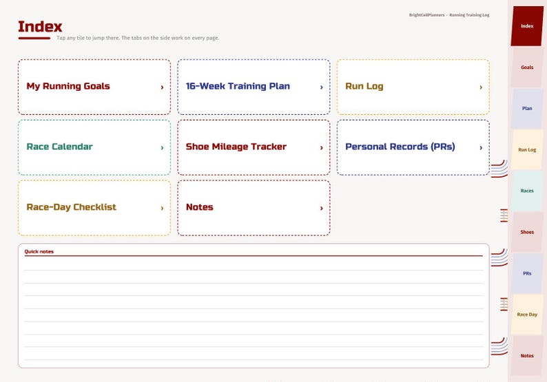 May include: A digital running training log index page featuring clickable tiles for My Running Goals, 16-Week Training Plan, Run Log, Race Calendar, Shoe Mileage Tracker, Personal Records, Race-Day Checklist, and Notes, with a side navigation bar.