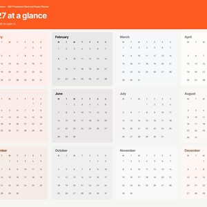 May include: A digital 2027 annual calendar planner interface with an orange header titled 2027 at a glance. The layout features twelve monthly grids arranged in a four-by-three grid, with a sidebar on the left listing navigation options.