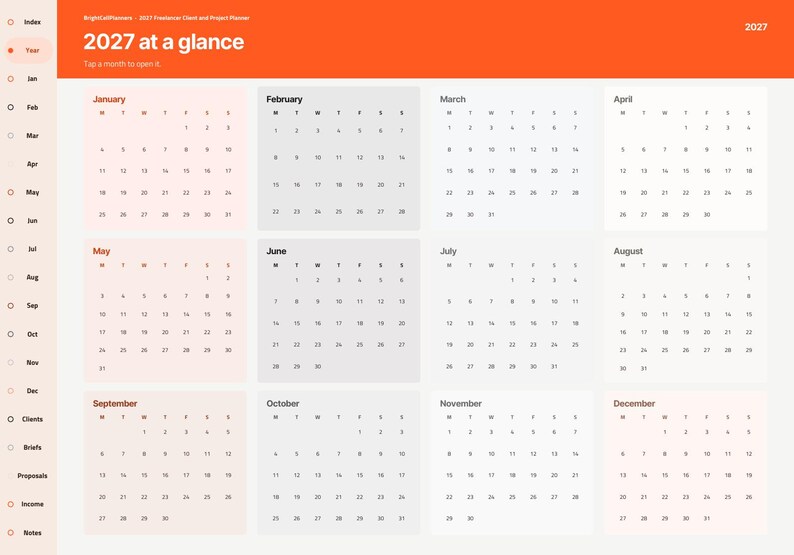 May include: A digital 2027 annual calendar planner interface with an orange header titled 2027 at a glance. The layout features twelve monthly grids arranged in a four-by-three grid, with a sidebar on the left listing navigation options.