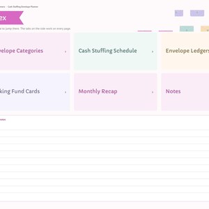 May include: A digital planner index page titled Index with a sidebar containing tabs for Categories, Schedule, Ledgers, Sinking, Recap, and Notes. The main area features tiles labeled Envelope Categories, Cash Stuffing Schedule, Envelope Ledgers, Sinking Fund Cards, Monthly Recap, and Notes, with a lined Quick notes section at the bottom.