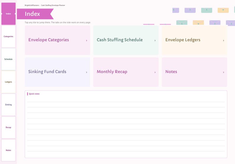 May include: A digital planner index page titled Index with a sidebar containing tabs for Categories, Schedule, Ledgers, Sinking, Recap, and Notes. The main area features tiles labeled Envelope Categories, Cash Stuffing Schedule, Envelope Ledgers, Sinking Fund Cards, Monthly Recap, and Notes, with a lined Quick notes section at the bottom.
