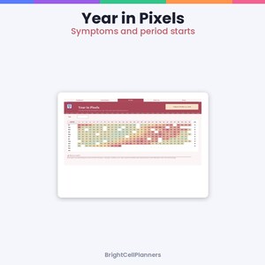 Peut inclure: Un mod&egrave;le num&eacute;rique de suivi Year in Pixels pour les sympt&ocirc;mes et le d&eacute;but des r&egrave;gles. L'interface pr&eacute;sente un en-t&ecirc;te marron avec le texte Year in Pixels et une grille affichant les mois et les jours remplis de carr&eacute;s color&eacute;s.