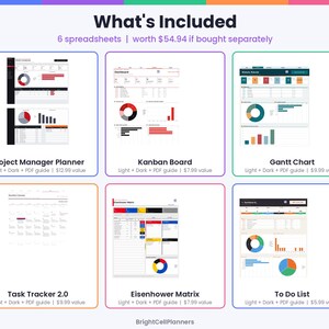 以下が含まれることがあります： What's Includedと題された6つのスプレッドシートのデジタルコレクション。Project Manager Planner、Kanban Board、Gantt Chart、Task Tracker 2.0、Eisenhower Matrix、To Do Listが含まれ、それぞれグラフとデータテーブルが表示されています。