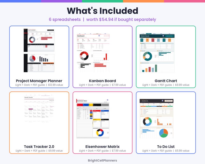以下が含まれることがあります： What's Includedと題された6つのスプレッドシートのデジタルコレクション。Project Manager Planner、Kanban Board、Gantt Chart、Task Tracker 2.0、Eisenhower Matrix、To Do Listが含まれ、それぞれグラフとデータテーブルが表示されています。