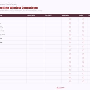 以下が含まれることがあります： Booking Window Countdownというタイトルのデジタルプランナーページ。サイドバーにタブがあり、What to Book、Window Opens、Date to Book、Reminder Set、Booked、Confirmationの列があるテーマパーク旅行用計画表。