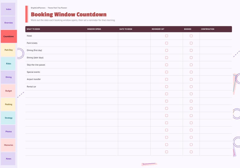 以下が含まれることがあります： Booking Window Countdownというタイトルのデジタルプランナーページ。サイドバーにタブがあり、What to Book、Window Opens、Date to Book、Reminder Set、Booked、Confirmationの列があるテーマパーク旅行用計画表。