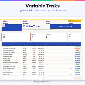 May include: A digital planner interface titled Variable Tasks with columns for task, category, priority, due date, done, notes, days left, and status. The dashboard displays summary counts for open, overdue, due today, and done tasks.