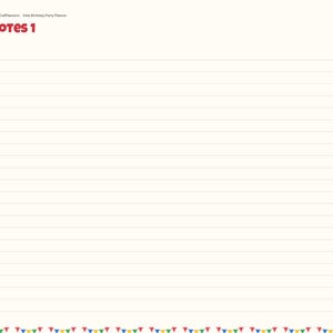 May include: A digital planner page titled Notes 1 with a cream-colored background and horizontal lines. The left sidebar features colorful tabs labeled Index, Details, Theme, Events, Budget, Timeline, Favors, Gifts, and Notes. Small colorful bunting flags decorate the bottom and sides.