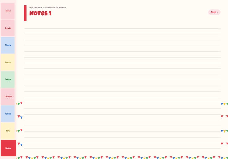 May include: A digital planner page titled Notes 1 with a cream-colored background and horizontal lines. The left sidebar features colorful tabs labeled Index, Details, Theme, Events, Budget, Timeline, Favors, Gifts, and Notes. Small colorful bunting flags decorate the bottom and sides.