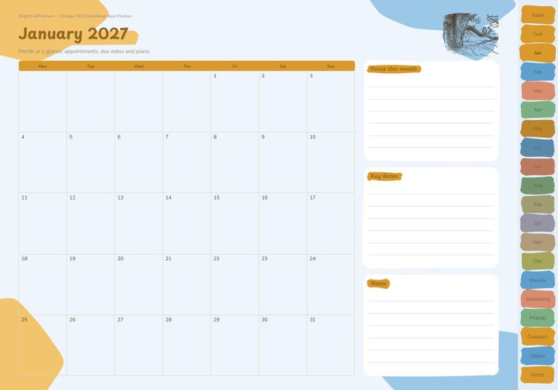 May include: A digital planner page for January 2027 featuring a monthly calendar grid, a section for focus this month, key dates, and notes. The layout includes a vertical sidebar with colored tabs and a small illustration of a tree.