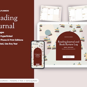 May include: A digital reading journal displayed on a tablet and smartphone screen. The interface features a dark red arch design with the text Reading Journal and Book Review Log. The background has a pattern of small stacked books.
