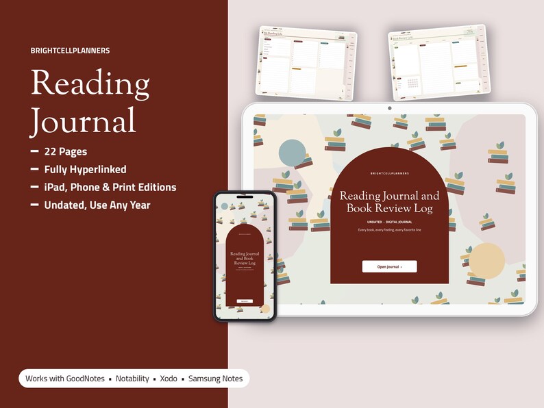 May include: A digital reading journal displayed on a tablet and smartphone screen. The interface features a dark red arch design with the text Reading Journal and Book Review Log. The background has a pattern of small stacked books.