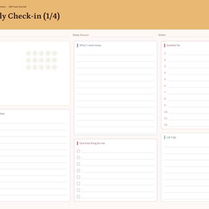 May include: A digital daily check-in planner page with a mustard yellow header labelled Daily Check-in (1/4). The layout includes sections for mood, energy, and stress tracking, sleep hours, water intake, gratitude lists, and daily reflections.
