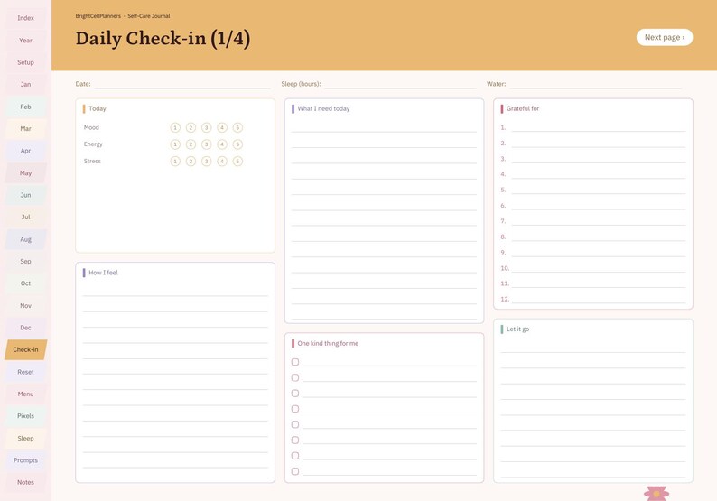 May include: A digital daily check-in planner page with a mustard yellow header labelled Daily Check-in (1/4). The layout includes sections for mood, energy, and stress tracking, sleep hours, water intake, gratitude lists, and daily reflections.