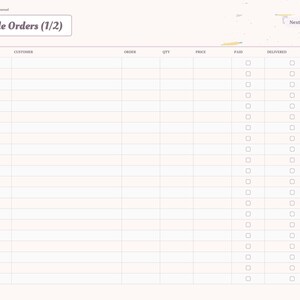 May include: A digital planner page titled Bake-Sale Orders (1/2) with columns for Date Due, Customer, Order, Qty, Price, Paid, and Delivered. The layout includes checkboxes for tracking and a side navigation bar with tabs for Index, Bake Log, Starter, Tweaks, Pantry, Orders, and Notes.