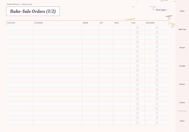 May include: A digital planner page titled Bake-Sale Orders (1/2) with columns for Date Due, Customer, Order, Qty, Price, Paid, and Delivered. The layout includes checkboxes for tracking and a side navigation bar with tabs for Index, Bake Log, Starter, Tweaks, Pantry, Orders, and Notes.