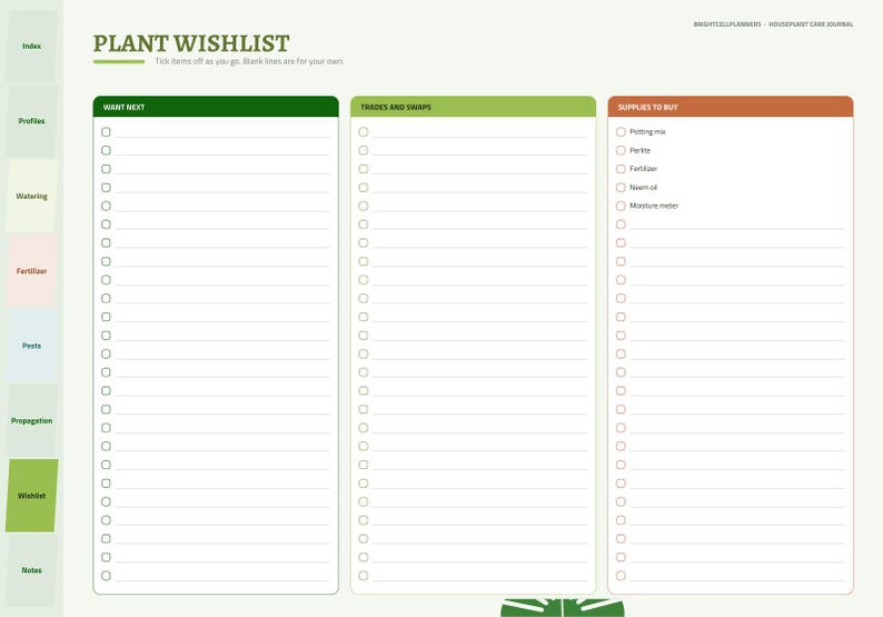 May include: A digital planner page titled PLANT WISHLIST with three columns: WANT NEXT, TRADES AND SWAPS, and SUPPLIES TO BUY. Each column features a checklist with lines for entries. The page includes side navigation tabs for index, profiles, watering, fertilizer, pests, propagation, wishlist, and notes.