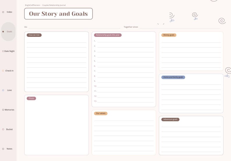 May include: A digital planner page titled Our Story and Goals with a sidebar menu. The layout includes sections for How we met, Relationship goals this year, Money goals, Home and family goals, Our values, Adventure goals, and a photo box.