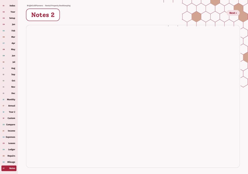 May include: A digital planner page titled Notes 2 with a white background and a left-hand navigation sidebar containing labels like Index, Year, Setup, and monthly tabs. The top right corner features a honeycomb pattern and a Next button.
