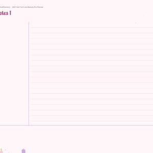 May include: A digital planner page titled Notes 1 with a light pink background. The layout features a left-hand navigation sidebar with monthly tabs, a large lined writing area, and a bottom section labeled Summary. Text includes BrightCellPlanners.