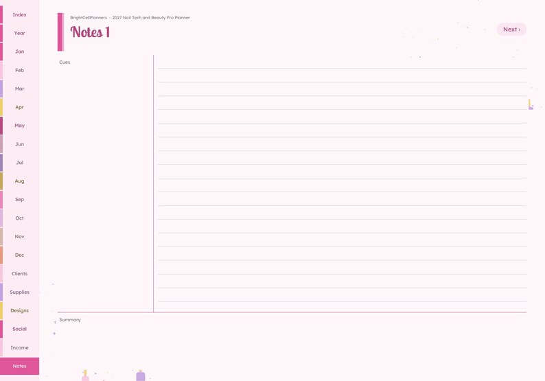 May include: A digital planner page titled Notes 1 with a light pink background. The layout features a left-hand navigation sidebar with monthly tabs, a large lined writing area, and a bottom section labeled Summary. Text includes BrightCellPlanners.