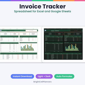 May include: An Invoice Tracker spreadsheet for Excel and Google Sheets featuring light and dark mode dashboards. The interface displays financial data, tables, and bar charts. Text includes Invoice Tracker, Instant Download, Light + Dark, Auto Formulas, and BrightCellPlanners.