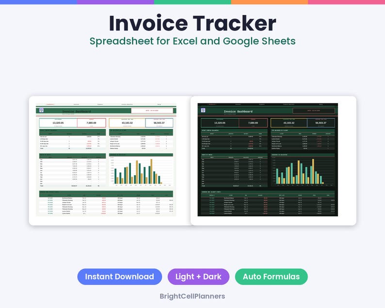 May include: An Invoice Tracker spreadsheet for Excel and Google Sheets featuring light and dark mode dashboards. The interface displays financial data, tables, and bar charts. Text includes Invoice Tracker, Instant Download, Light + Dark, Auto Formulas, and BrightCellPlanners.