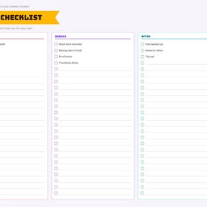 Op de afbeelding: Een pagina uit een 2027 YouTube-kanaalplanner met de titel Filming Checklist, verdeeld in drie kolommen genaamd Before, During en After. Elke kolom bevat selectievakjes en lege regels voor taken. Rechts staat een verticaal navigatiemenu.