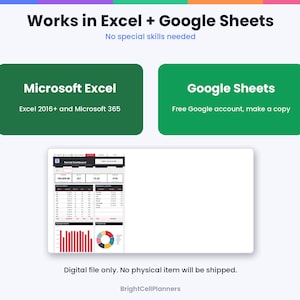 May include: A digital rental dashboard template compatible with Microsoft Excel 2016+ and Google Sheets. The graphic displays the text Works in Excel + Google Sheets, No special skills needed, and BrightCellPlanners at the bottom.