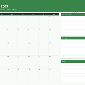 Puede incluir: Una p&aacute;gina de planificador digital para enero de 2027 con encabezado verde, una cuadr&iacute;cula de calendario mensual y secciones laterales etiquetadas como Focus this month, Key dates y Notes. Una barra de navegaci&oacute;n vertical lista los meses.