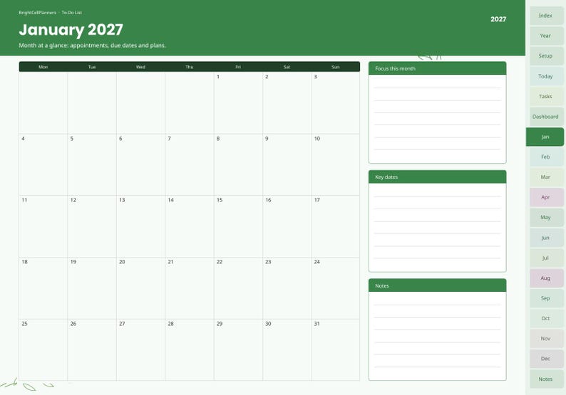 Puede incluir: Una p&aacute;gina de planificador digital para enero de 2027 con encabezado verde, una cuadr&iacute;cula de calendario mensual y secciones laterales etiquetadas como Focus this month, Key dates y Notes. Una barra de navegaci&oacute;n vertical lista los meses.