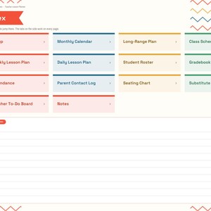 May include: A digital teacher lesson planner index page featuring a navigation sidebar with tabs and a grid of rectangular buttons labeled Setup, Monthly Calendar, Long-Range Plan, Class Schedule, Weekly Lesson Plan, Daily Lesson Plan, Student Roster, Gradebook, Attendance, Parent Contact Log, Seating Chart, Substitute Plans, Teacher To-Do Board, and Notes.