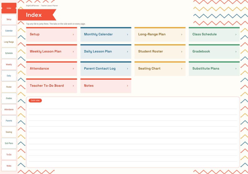 May include: A digital teacher lesson planner index page featuring a navigation sidebar with tabs and a grid of rectangular buttons labeled Setup, Monthly Calendar, Long-Range Plan, Class Schedule, Weekly Lesson Plan, Daily Lesson Plan, Student Roster, Gradebook, Attendance, Parent Contact Log, Seating Chart, Substitute Plans, Teacher To-Do Board, and Notes.